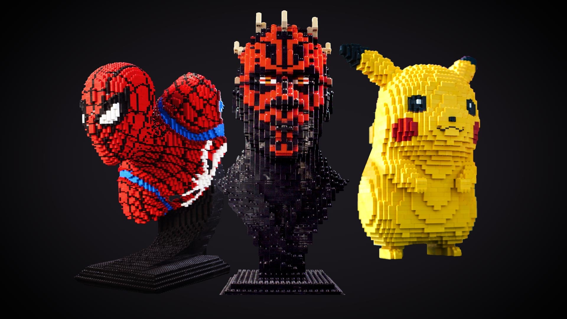 spider web slinger dark lord maul and electric mouse sculptures built with lego bricks