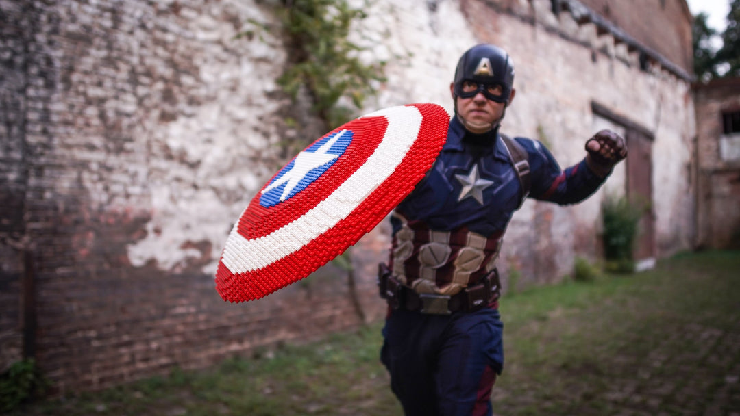 Cap Shield Replica with Cap Cosplayer Built with LEGO Bricks by Bricker Builds