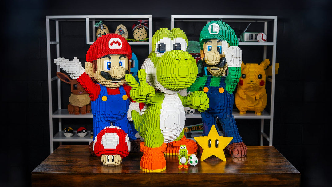 spider web slinger dark lord maul and electric mouse sculptures built with lego bricks