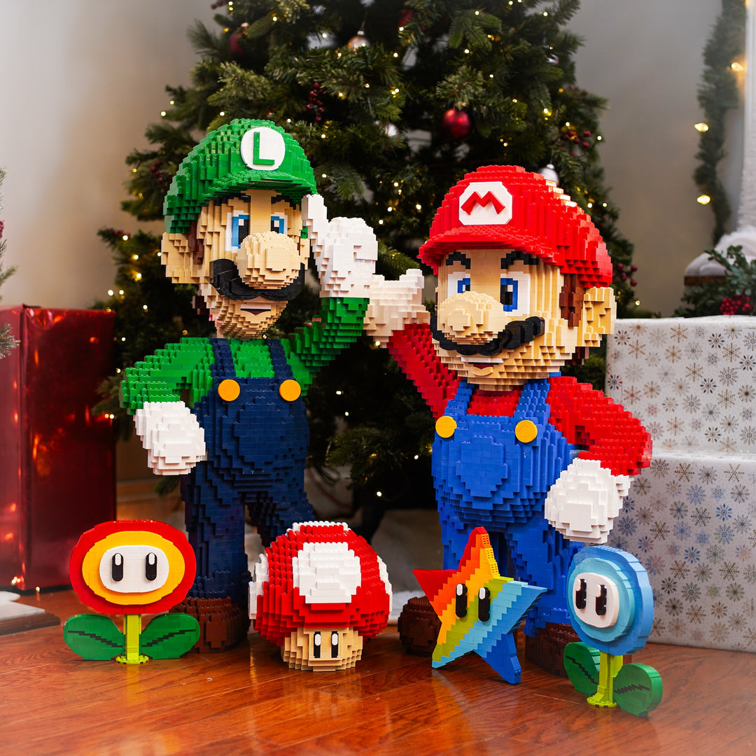 Italian Plumber Life-Sized Sculpture built with LEGO® bricks in front of a Christmas Tree - by Bricker Builds