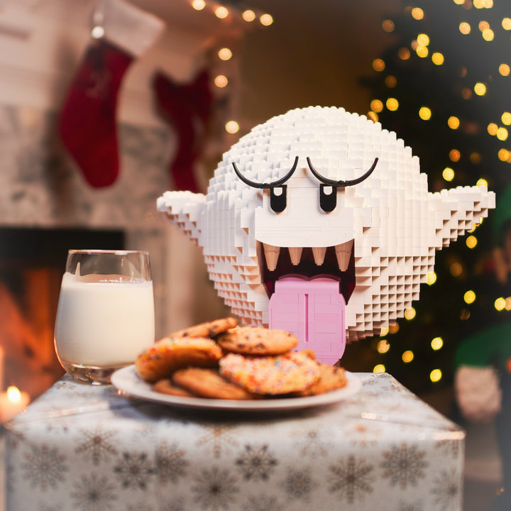 Angry Ghost Enemy with milk and cookies by the Christmas Tree in LEGO Bricks Life Sized Replica by Bricker Builds from the Italian Brothers collection