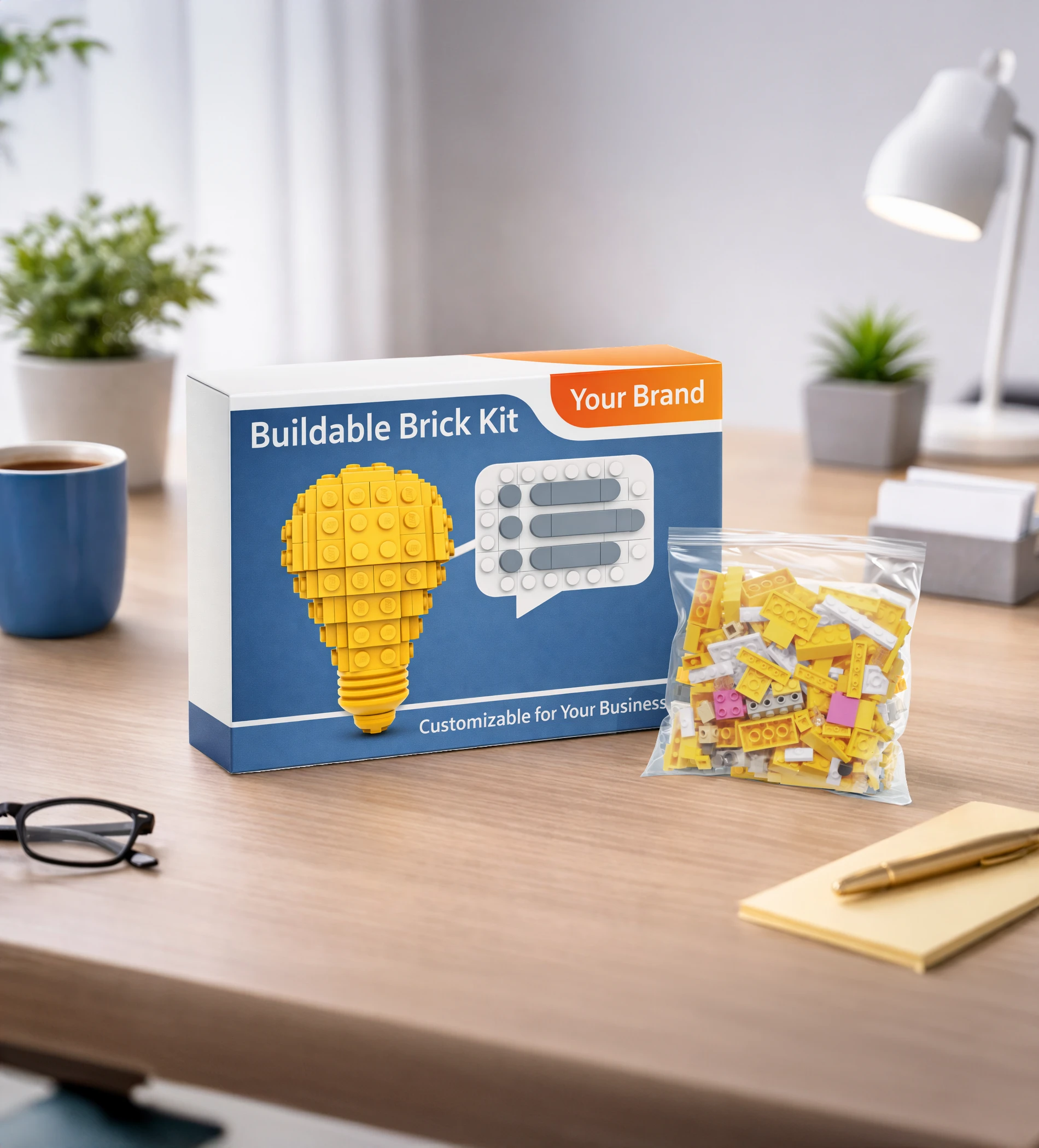 Custom LEGO brick kit packaging with branded box and bag of bricks ready for delivery on desk, light bulb design from Bricker Builds for corporate gifts