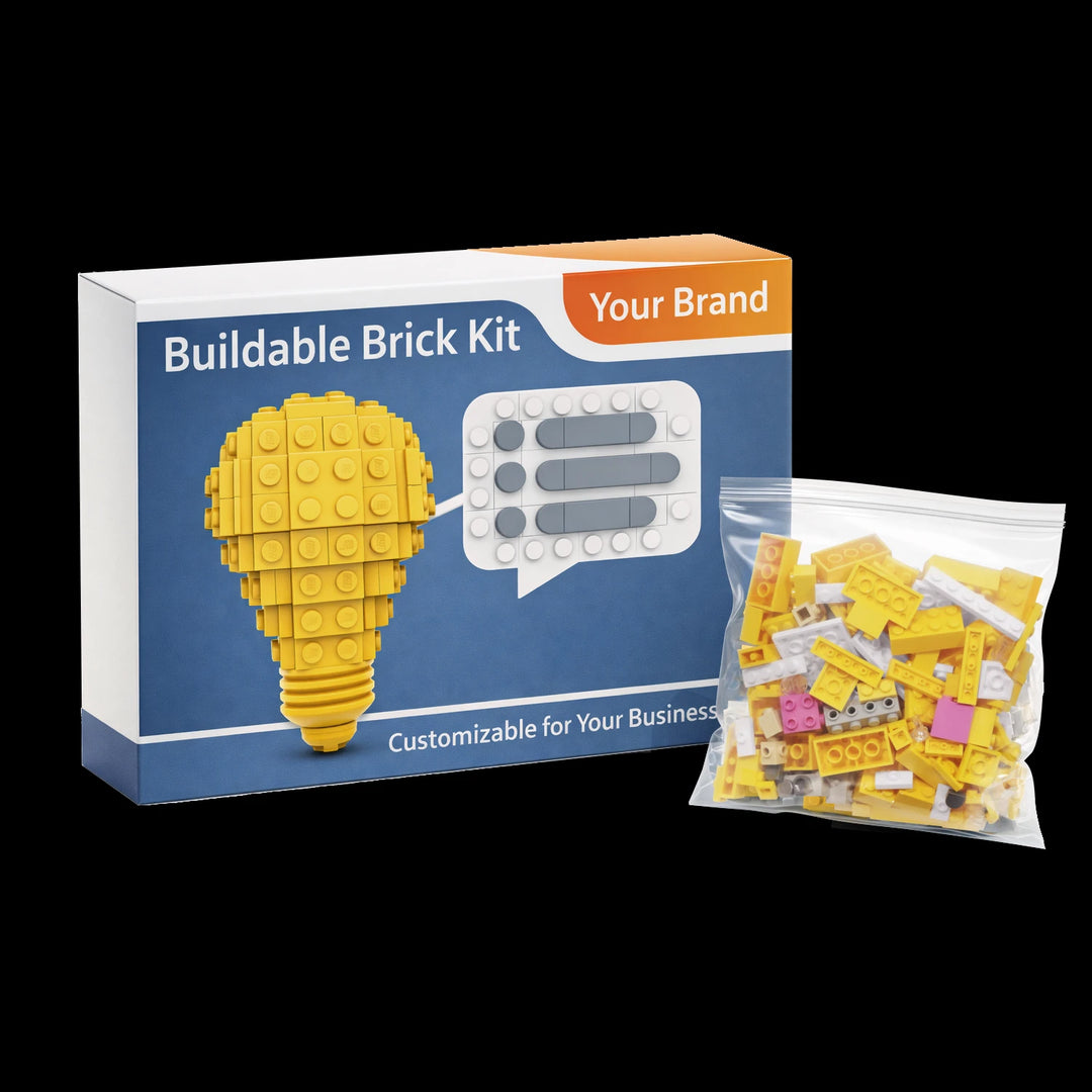 Custom LEGO brick kit packaging with branded box and bag of bricks ready for delivery