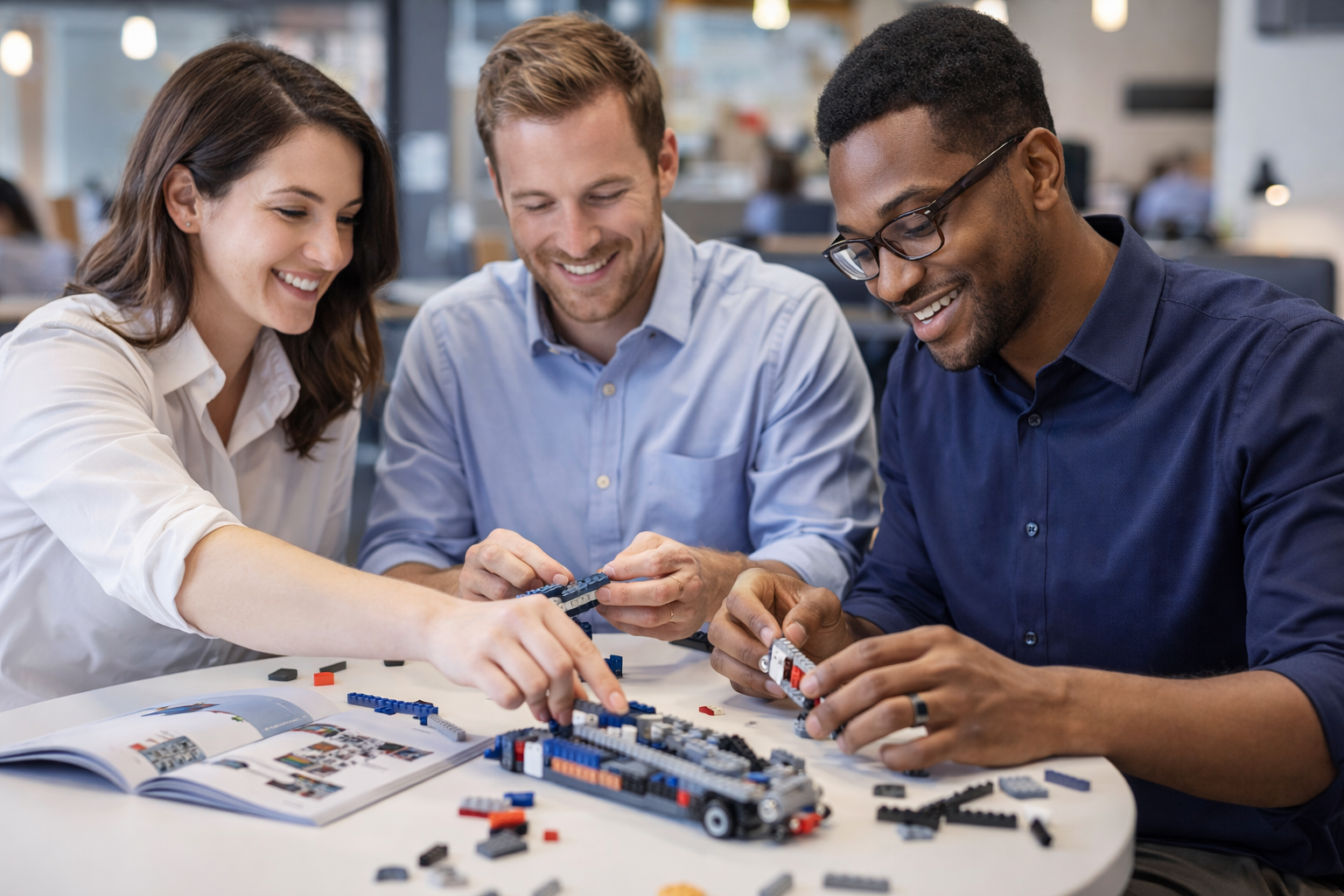 Three people working together on a project using building blocks in an office setting.