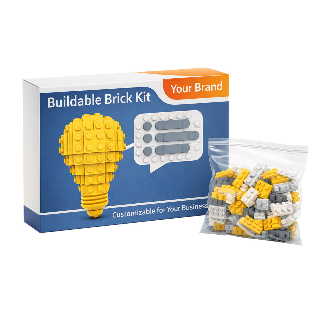 Custom LEGO brick kit packaging with branded box and bag of bricks ready for delivery