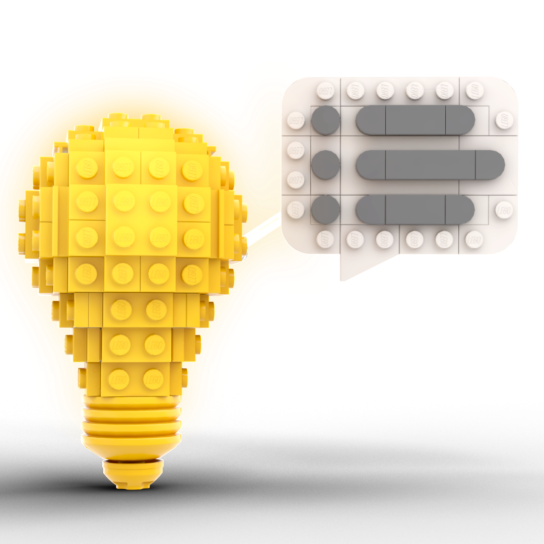 Custom LEGO brick build concept idea represented by a brick-built light bulb and message icon at Bricker Builds