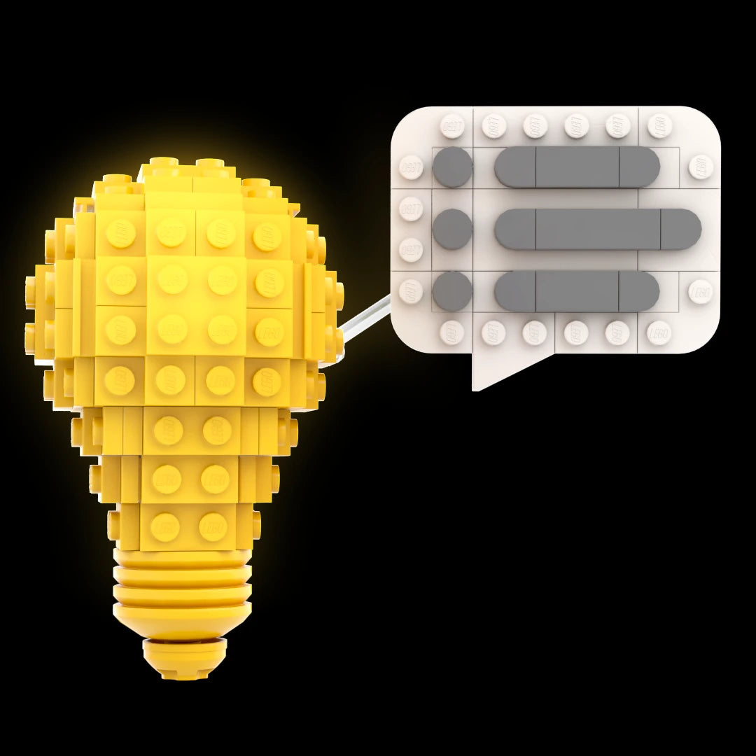 Custom LEGO brick build concept idea represented by a brick-built light bulb and message icon at Bricker Builds