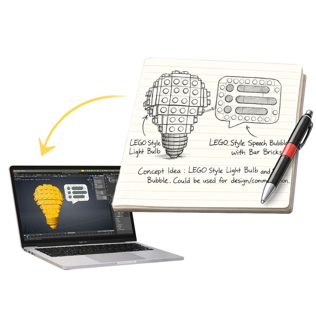 Designing a custom LEGO brick model with 3D software and concept sketches for a branded brick kit