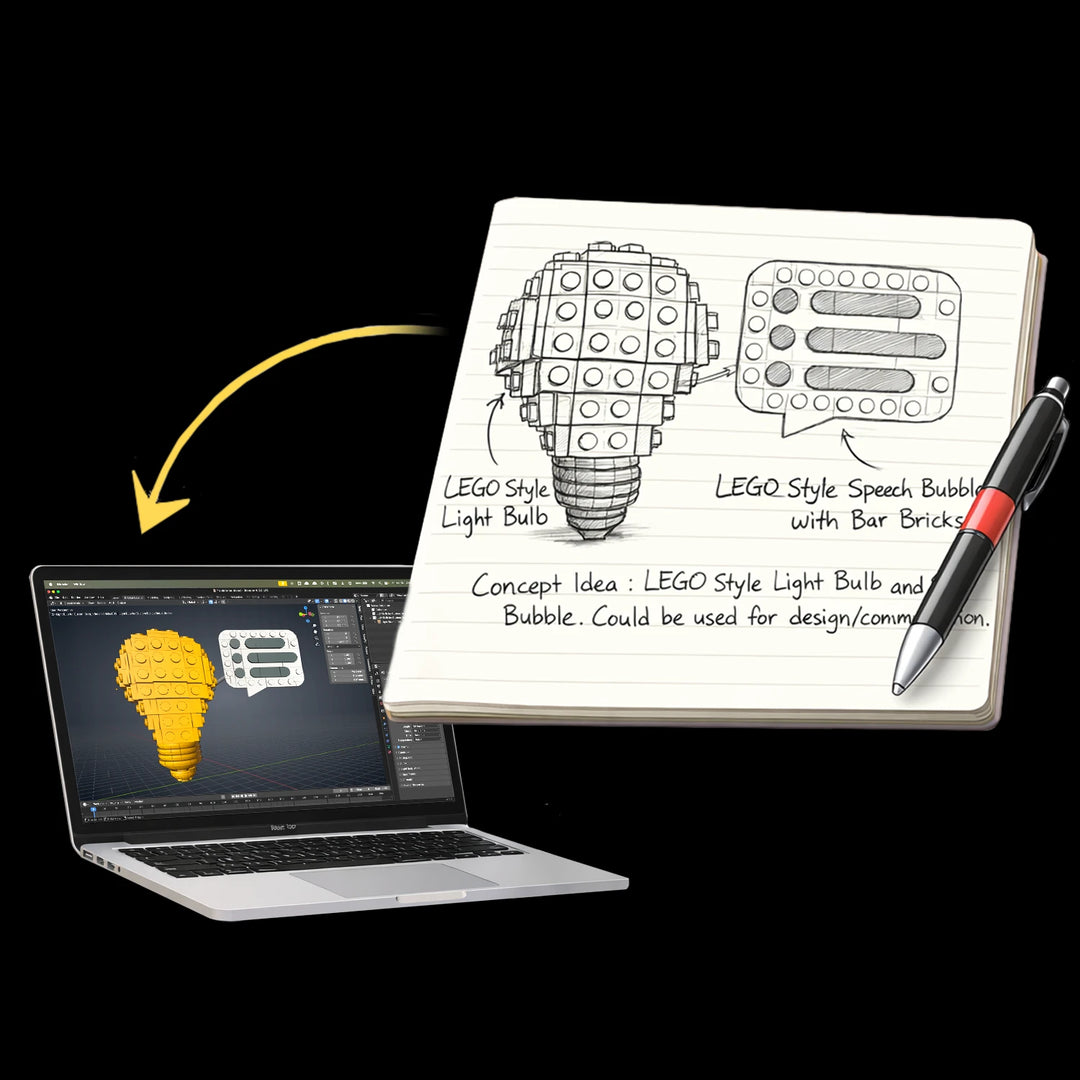 Designing a custom LEGO brick model with 3D software and concept sketches for a branded brick kit