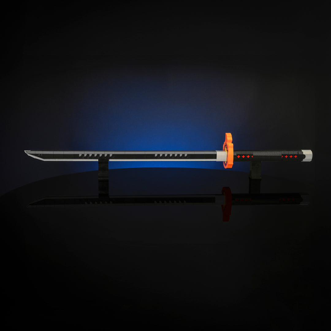 Demonic Defeater Sword Made of LEGO bricks by Bricker Builds on a stand in a studio