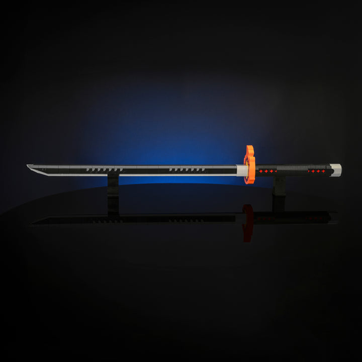 Demonic Defeater Sword Made of LEGO bricks by Bricker Builds on a stand in a studio