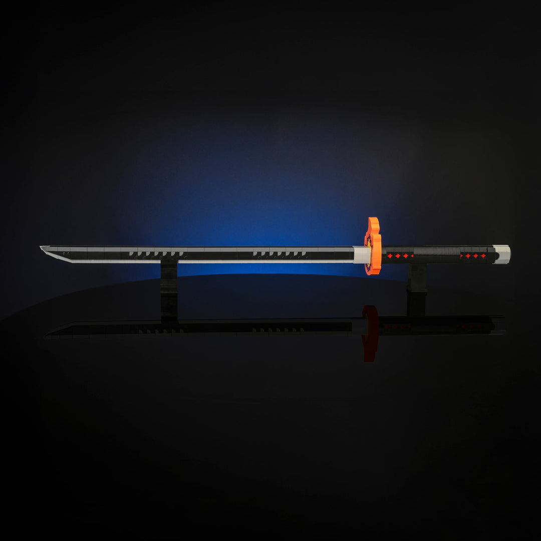 Demonic Defeater Sword Made of LEGO bricks by Bricker Builds on a stand in a studio