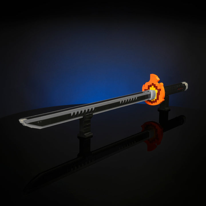 Demonic Defeater Sword Made of LEGO bricks by Bricker Builds at an angle on a stand