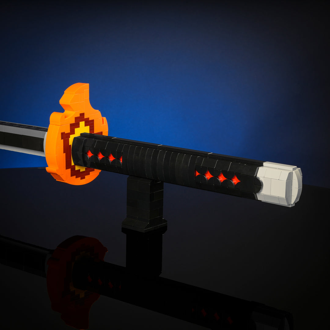 Demonic Defeater Sword Made of LEGO bricks by Bricker Builds hilt detail photo on stand 