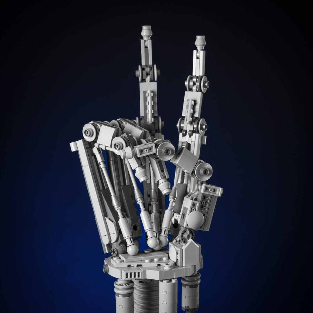 Eliminator Arm made of LEGO bricks by Bricker Builds peace sign pose