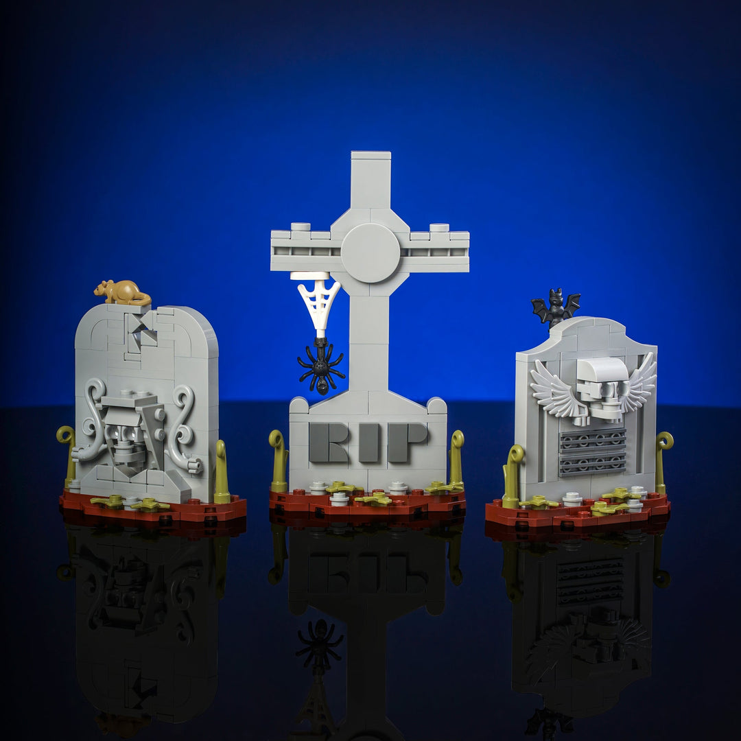 Gravestones in studio setting by Bricker Builds made of LEGO Bricks1