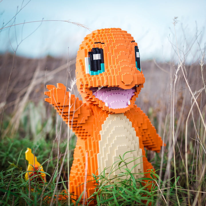 Fire Lizard Life-Sized Sculpture built with LEGO® bricks - Bricks & Instructions + FREE Light Kit by Bricker Builds - in a field