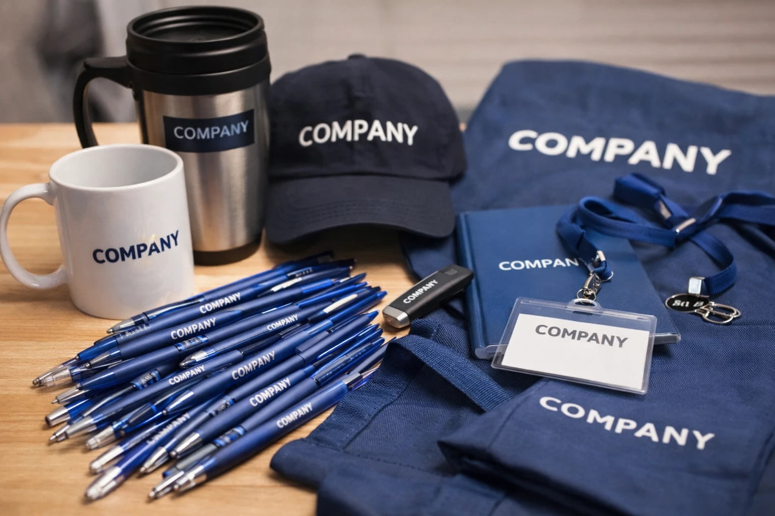 Collection of generic branded merchandise including a mug, pens, a cap, and a shirt on a wooden surface.