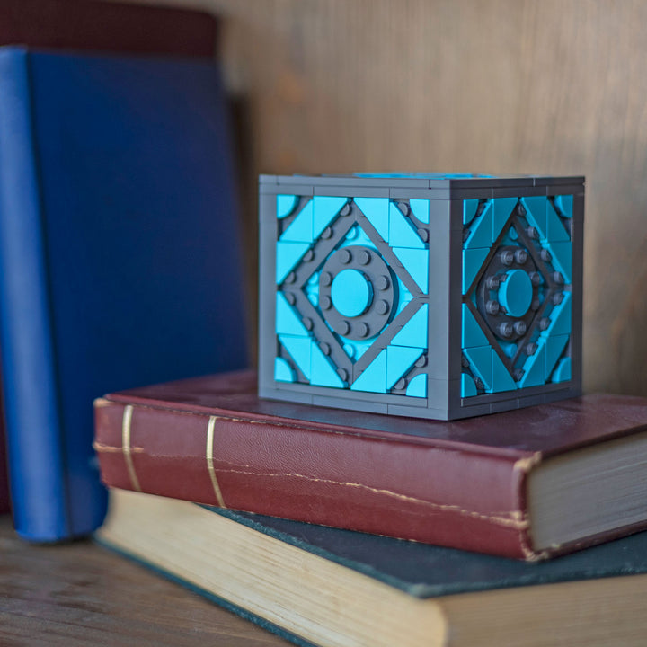 Holocube by Bricker Builds made of LEGO Bricks on a shelf