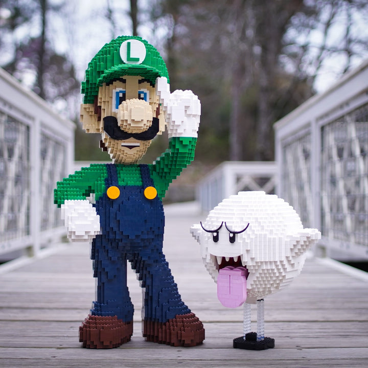 Italian Ghost Hunter life-sized sculpture made of LEGO® bricks with the Angry Ghost life-sized sculpture made of LEGO® bricks by Bricker Builds