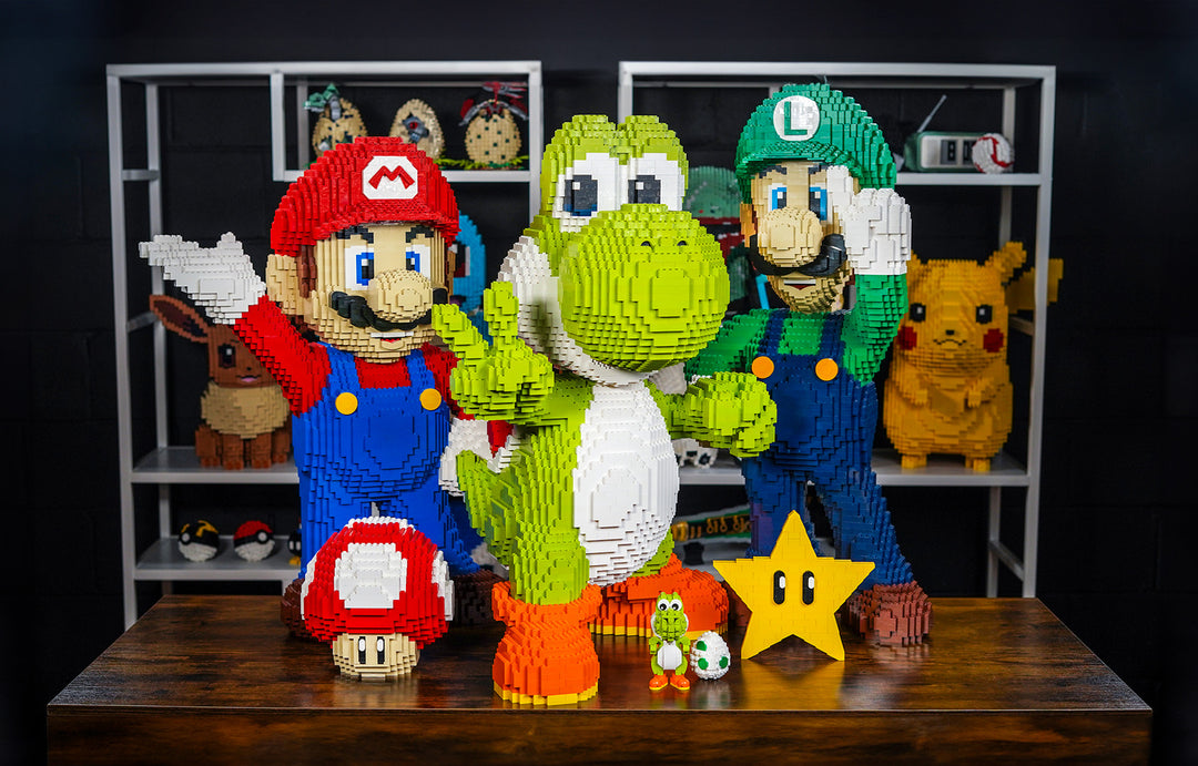 Italian Bros with Italian Dinosaur in LEGO Bricks by Bricker Builds on Table Full Collection