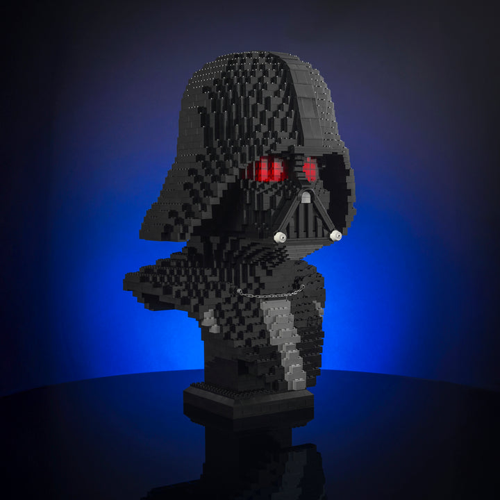 Lord Vader Bust by Bricker Builds Made of LEGO Bricks in a red studio setting2