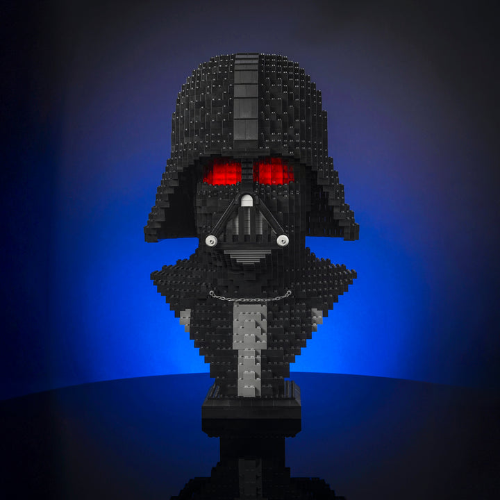 Lord Vader Bust by Bricker Builds Made of LEGO Bricks in a red studio setting