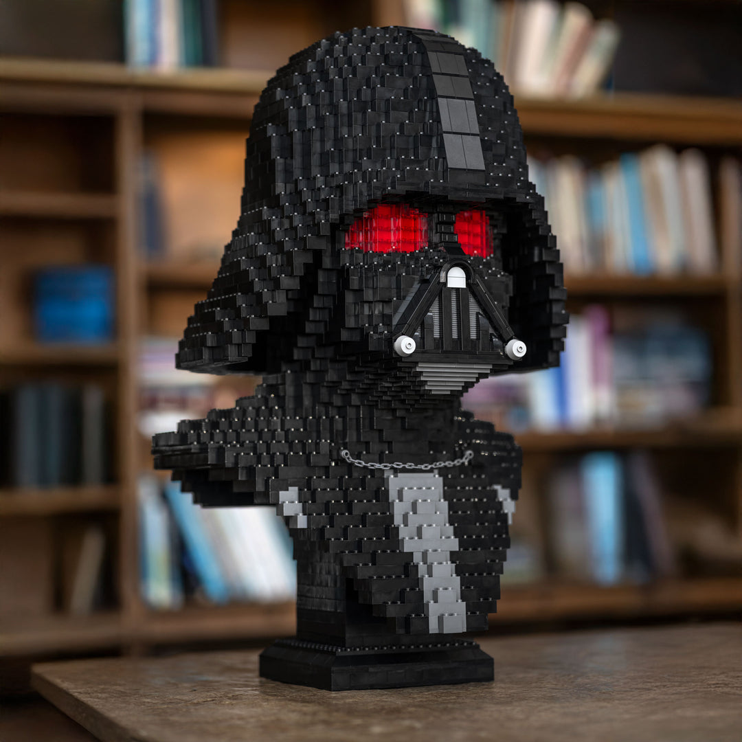 Lord Vader Bust by Bricker Builds Made of LEGO Bricks in a library