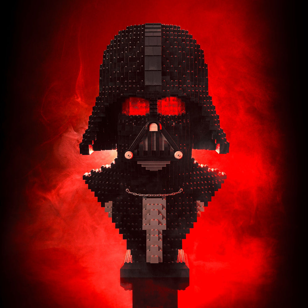 Lord Vader Bust by Bricker Builds Made of LEGO Bricks in a red studio setting