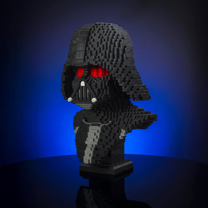 Lord Vader Bust by Bricker Builds Made of LEGO Bricks in a blue studio setting1