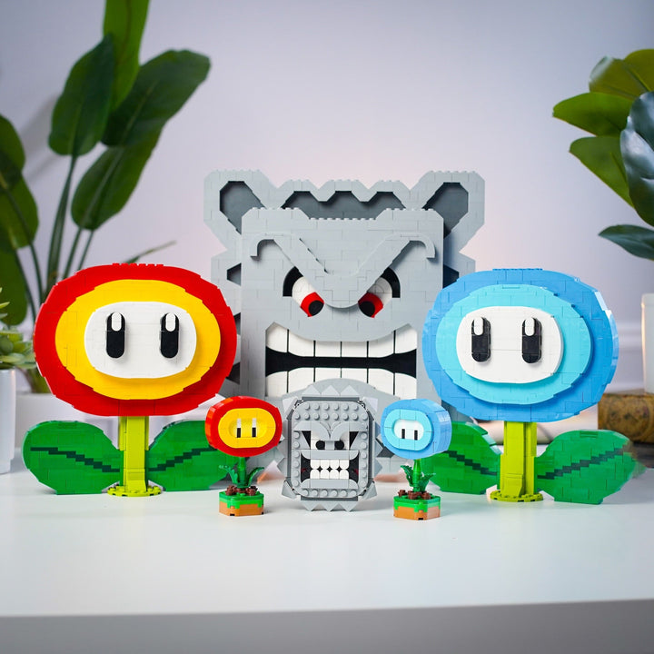 Mini Italian Brothers Flowers and Angry Block with larger versions in LEGO Bricks by Bricker Builds