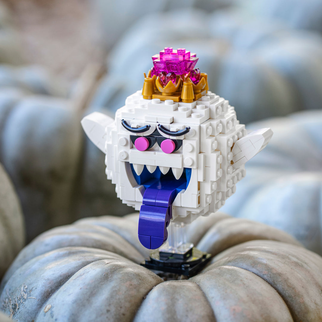 Mini King Ghost made by Bricker Builds with LEGO® bricks on a pumpkin