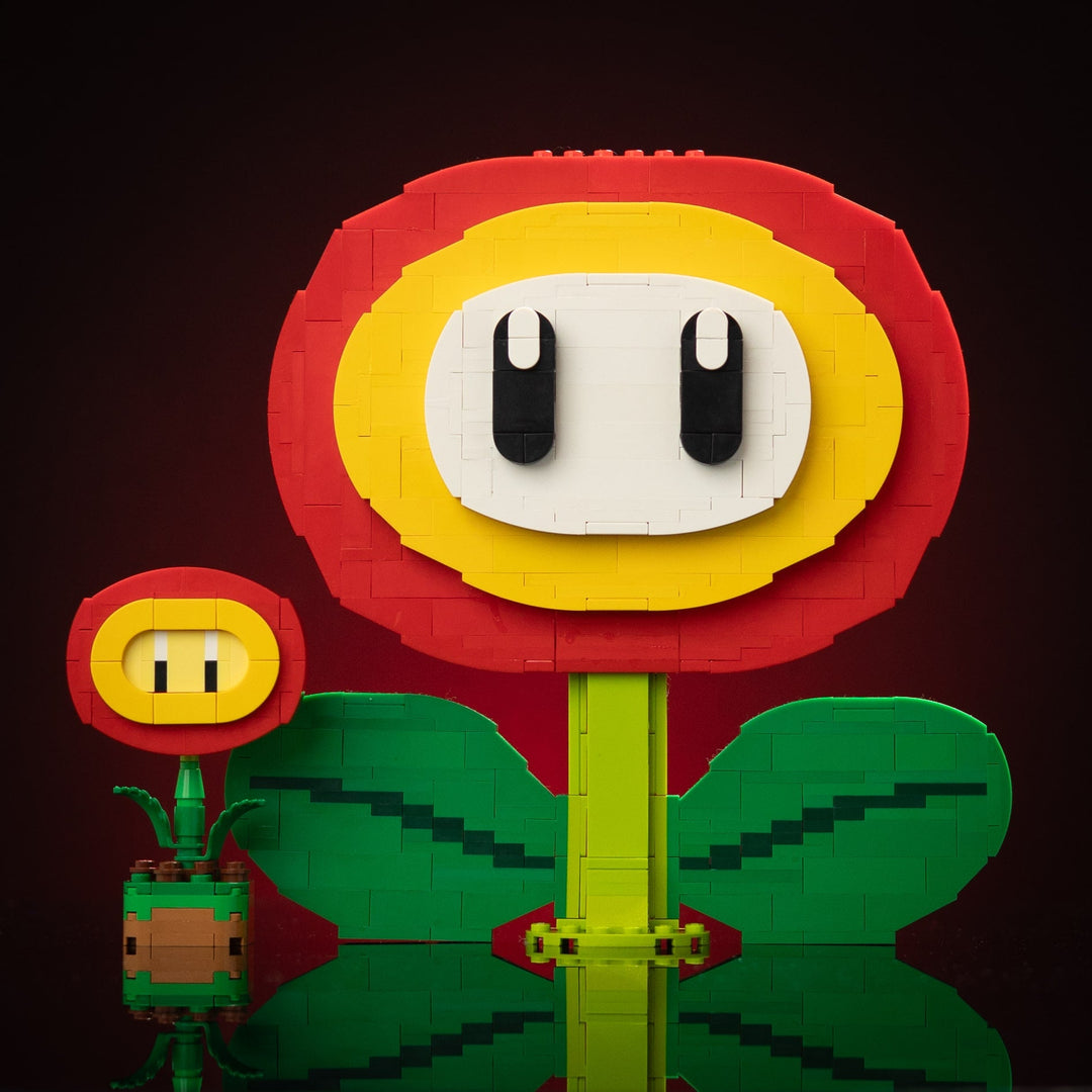 Mini Fire Flower made of LEGO® Bricks by Bricker Builds with the Life-sized Fire Flower made of LEGO® bricks