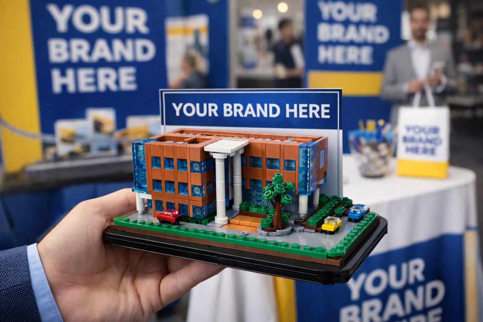 Hand holding a small model of a brick kit of an office building built with lego bricks with 'Your Brand Here' text in a promotional setting designed by Bricker Builds
