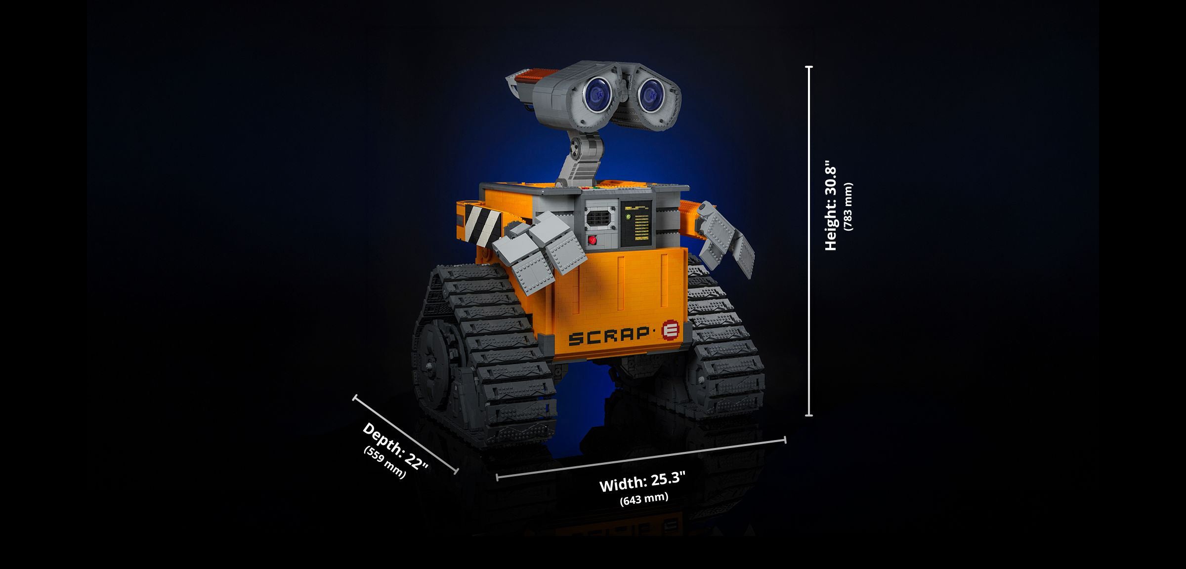 SCRAP-E premium LEGO® brick custom display model dimensions of height, width a and depth designed by Bricker Builds