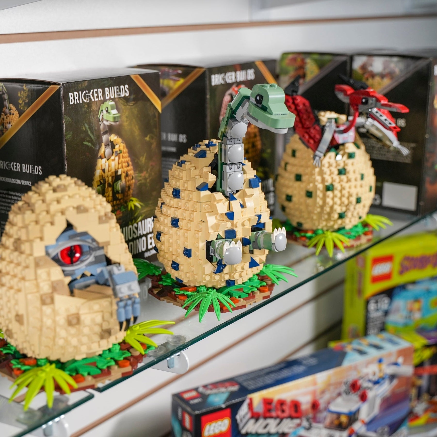 Bricker Builds T-rex Brachiosaurus Pterodactyl Dino Egg Boxes Packaging on Shelf Wholesale 2