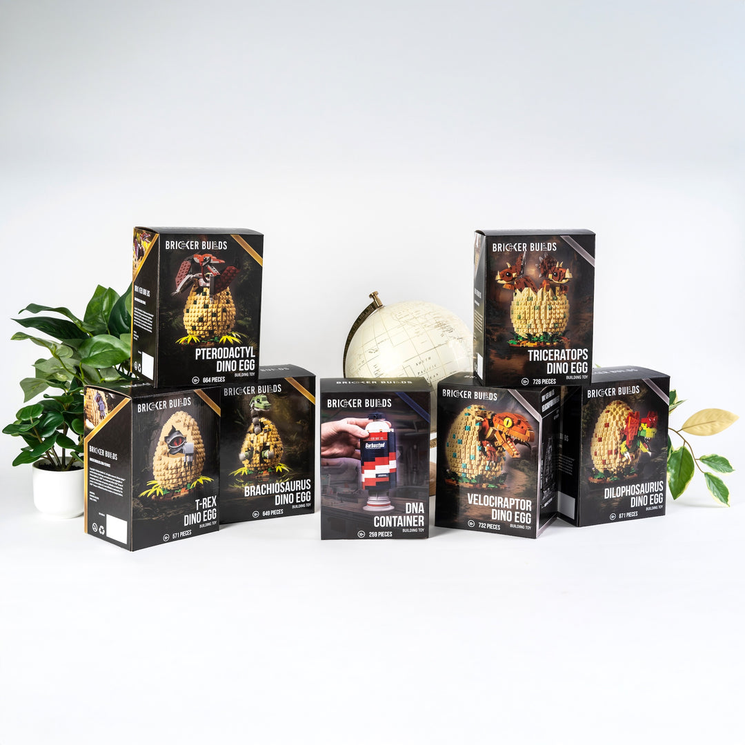 Bricker Builds T-Rex, ptérodactyle, brachiosaure, vélociraptor, dilophosaure, tricératops, œuf de dinosaure et boîte de conteneur d’ADN, emballage dans un décor lifestyle, en gros 1x1