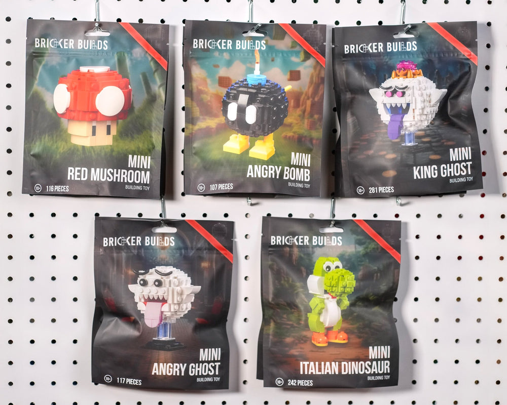 Bricker Builds Mini Italian Bros röd svamp, arg bombkung, spöke, argt spöke, italiensk dinosaurie, hängande/stående väskförpackning, grossistpaket