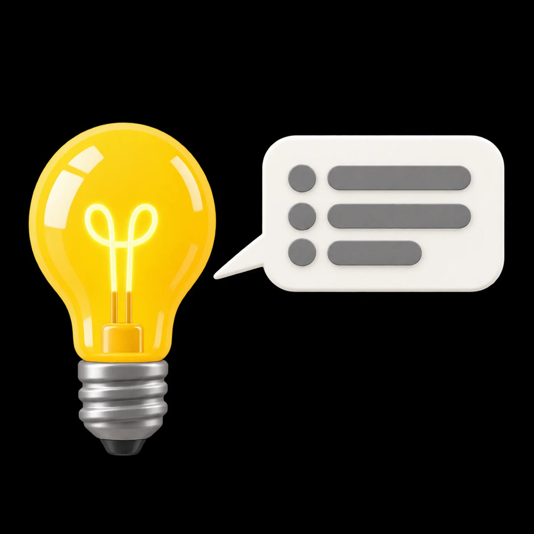 A glowing yellow light bulb with a silver screw base next to a white speech bubble containing gray bullet points, isolated on a black background.