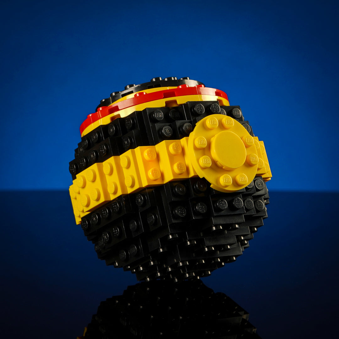 Luxury Pocket Sphere in LEGO Bricks by Bricker Builds on studio black backdrop with blue light