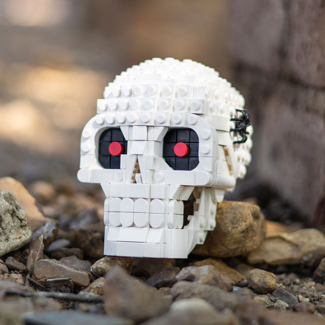 Skull made of LEGO® bricks by Bricker Builds on rocks