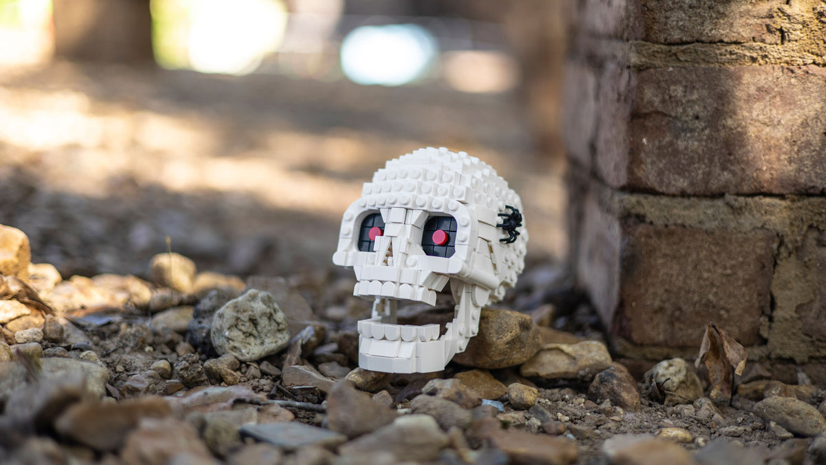 Skull made of LEGO® bricks by Bricker Builds on rocks