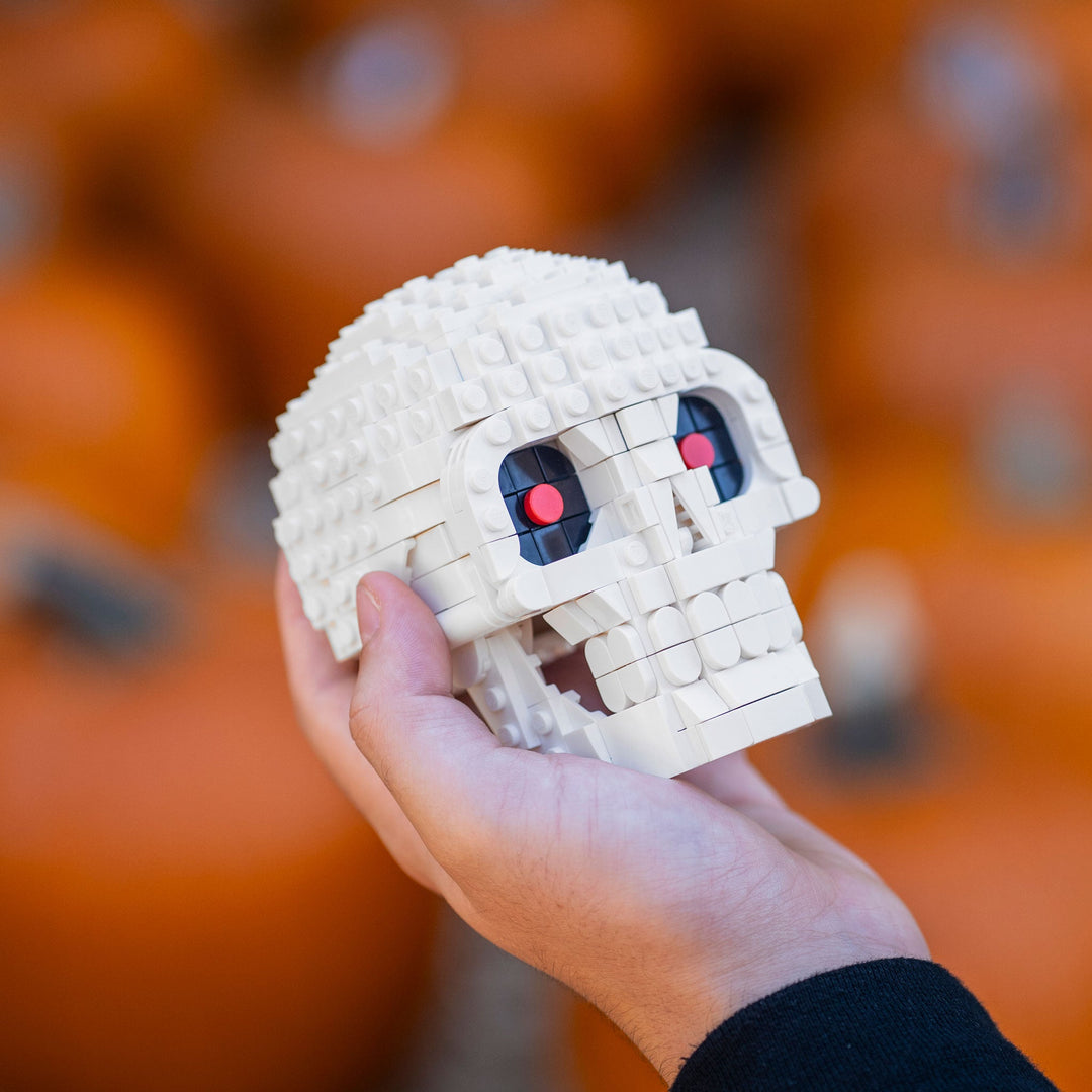 Skull made of LEGO® bricks by Bricker Builds in a pumpkin patch
