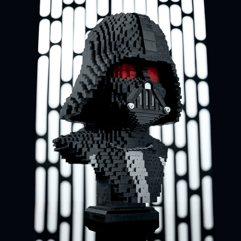 Lord Vader Bust by Bricker Builds Made of LEGO Bricks in a red studio setting