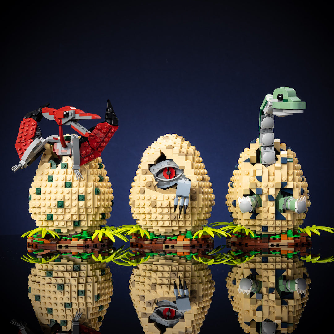 T-Rex Pterodactly and Brachiosaurus Dinosaur Eggs built with LEGO® bricks – by Bricker Builds Studio Lighting